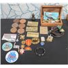 Image 1 : Carved Wooden Box w/ Indian Coins, Plaques, Figure, Jewelry, Key Rings, Patches, etc
