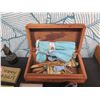 Image 2 : Carved Wooden Box w/ Indian Coins, Plaques, Figure, Jewelry, Key Rings, Patches, etc