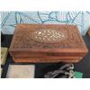 Image 3 : Carved Wooden Box w/ Indian Coins, Plaques, Figure, Jewelry, Key Rings, Patches, etc