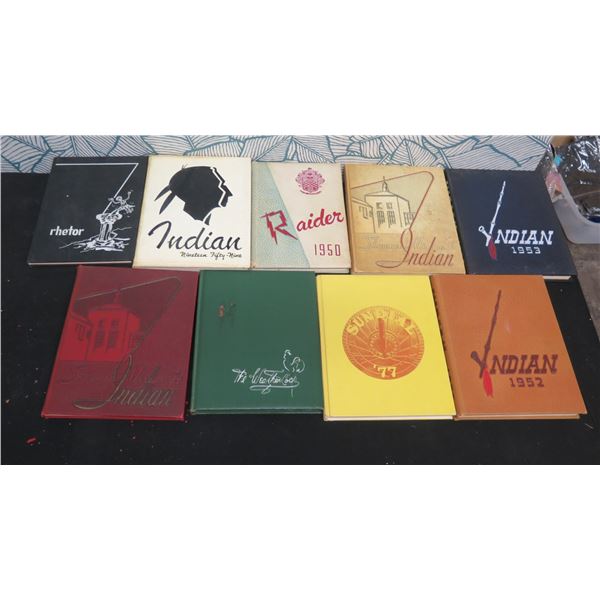 Qty 9 Yearbooks: Rhetor, Indian 1952, 53 & 59, Raider 1950, Shawnee Mission '55, Sundial '77 etc