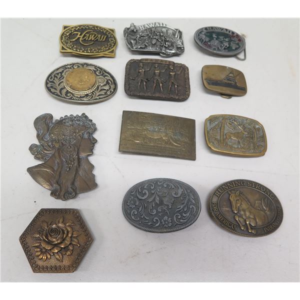 Qty 12 Belt Buckles: Hawaii, Kalakaua, Fairchild, Boat, Deer, etc