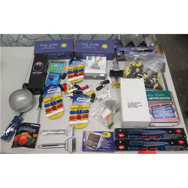 Multiple Taco Stands, Corn Holders, Massager, Jewelry Scale, Chef Knives, etc