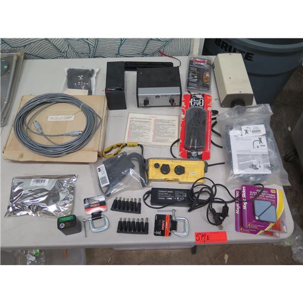 Multiple Clamps, Universal AC Adapter, Minolta Camera, Battery Packs, Dymex Controls, etc