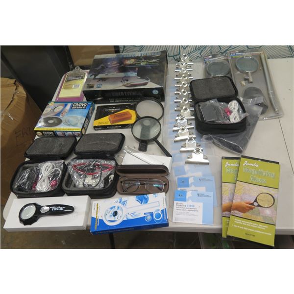 Multiple Magnifying Glasses, 3D Video Headwear, Clipboards, Glasses, Cords, etc