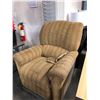 Image 1 : PROP LOT OF 2 ASSORTED RECLINING ARM CHAIRS: 1 MUSTARD LEATHER STYLE RECLINING ARMCHAIR AND 1 BEIGE