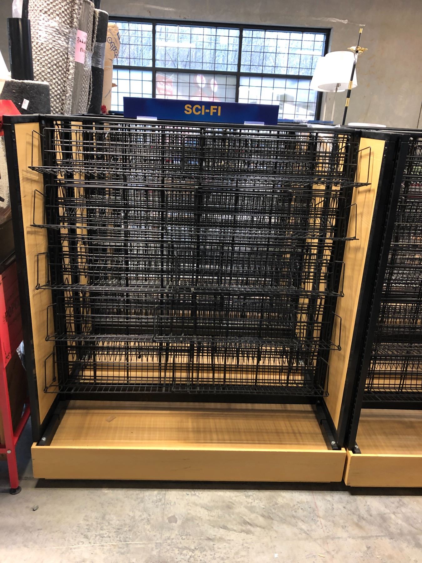 PROP LOT OF 5 ASSORTED LIGHT WOOD/BLACK METAL MOBILE COMMERCIAL DISPLAY ...