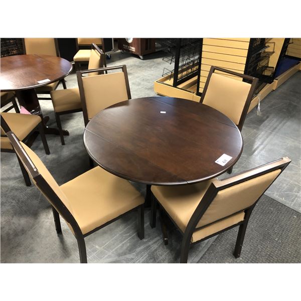 PROP LOT OF DARK WOOD ROUND 40" TABLE WITH FOLDING LEAF SIDES AND 4 BROWN METAL/BEIGE FABRIC DINING