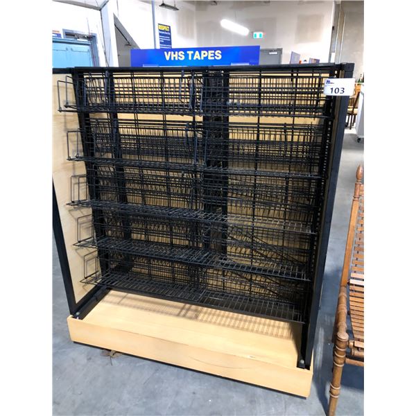 PROP LOT OF 2 ASSORTED LIGHT WOOD/BLACK METAL MOBILE COMMERCIAL DISPLAY ...