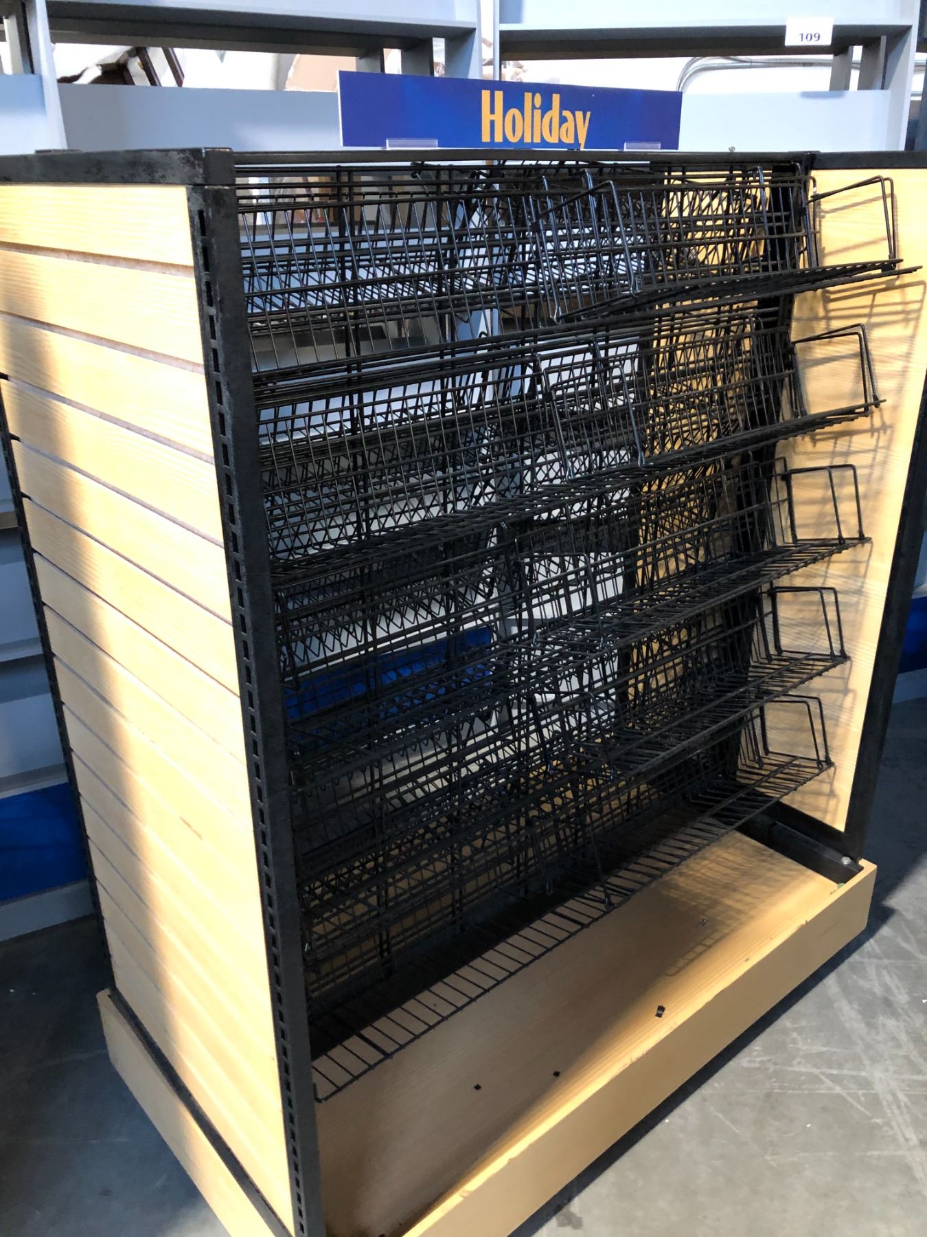 Prop Rackz PROP LOT OF 2 ASSORTED LIGHT WOOD/BLACK METAL MOBILE COMMERCIAL DISPLAY ...