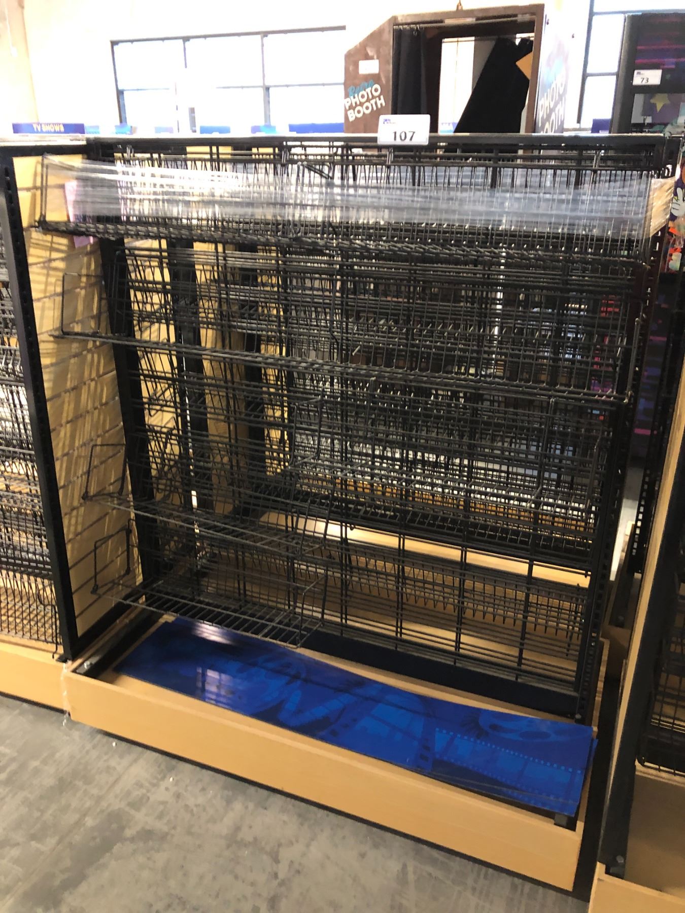 PROP LOT OF 2 ASSORTED LIGHT WOOD/BLACK METAL MOBILE COMMERCIAL DISPLAY ...