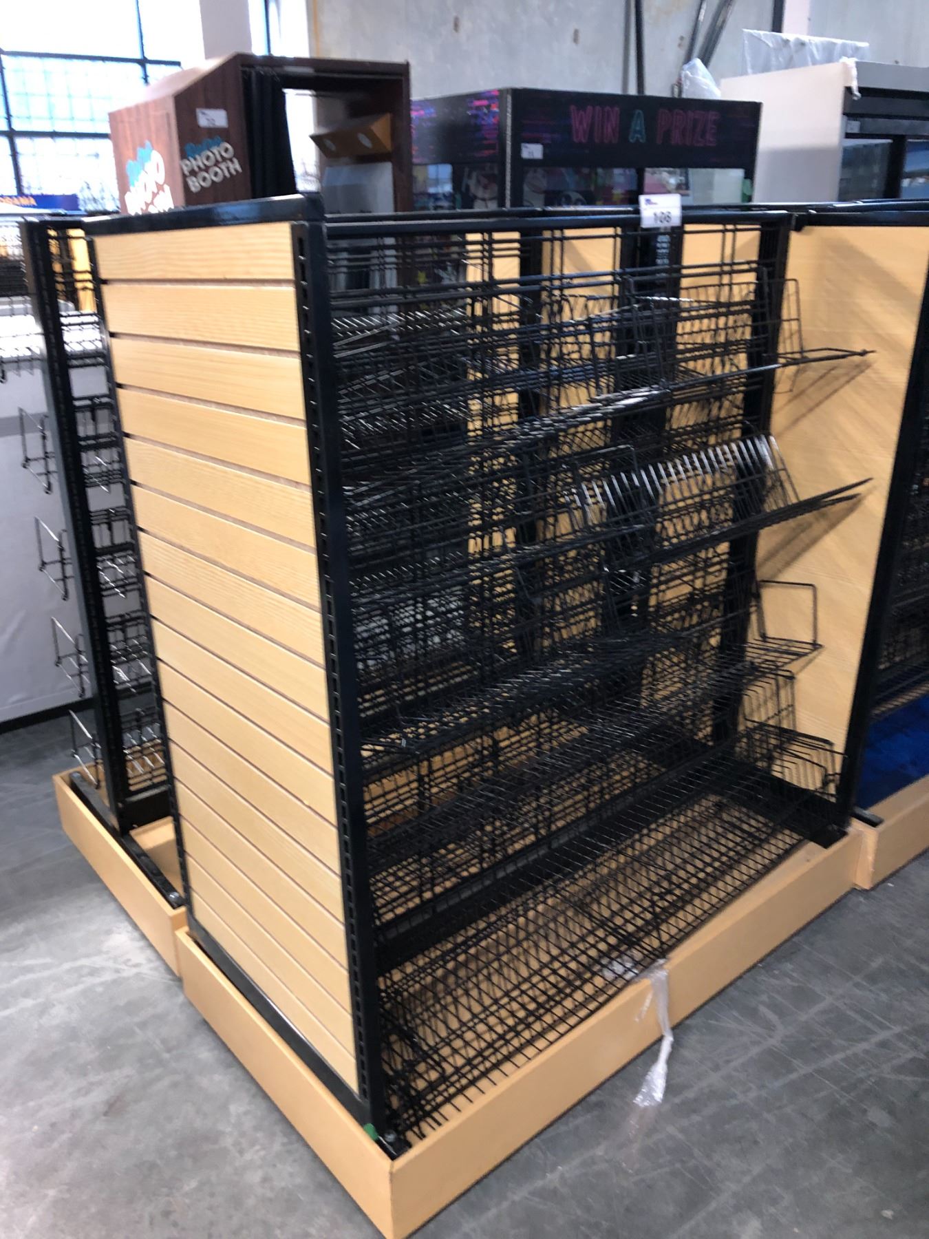 PROP LOT OF 2 ASSORTED LIGHT WOOD/BLACK METAL MOBILE COMMERCIAL DISPLAY ...