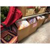 Image 1 : PROP LOT OF 3 BOXES OF ASSORTED ACCENT PILLOWS, CUSHIONED FOOT REST AND KING SIZE 3 PIECE COMFORTER