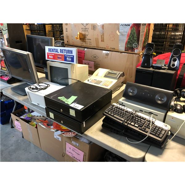 PROP LOT OF ASSORTED ELECTRONICS AND POS SYSTEM INCLUDING 2 MONITORS, 3 CASH DRAWERS, 1 CASH