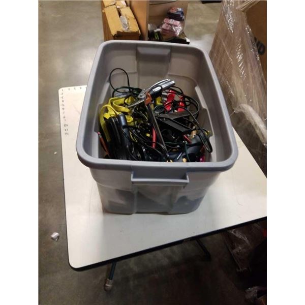 TOTE OF POWER CORDS, FILES, TOOLS, ETC