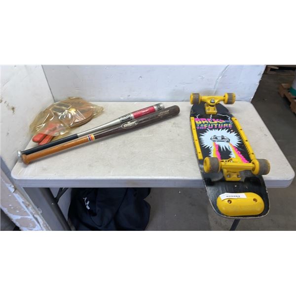 BACK TO THE FUTURE SKATEBOARD 2 BASEBALL BATS AND 2 PINGPONG PADDLES