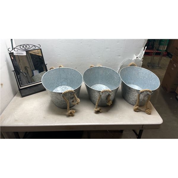 3 GALVANIZED PAILS AND MIRROR