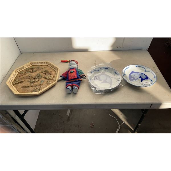 PORCELAIN DOLL PLATES AND EASTERN TRAY