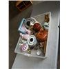 Image 1 : TRAY OF COLLECTIBLES, WOOD LIDDED BOWLS, LADY FIGURES, VASES