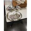 Image 2 : LOT OF LINENS, JOHNSON BROS IRONSTONE PLATTER AND CREAM AND SUGAR