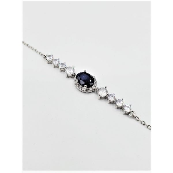 NEW STERLING SILVER 7.6MM X 6MM NATURAL SAPPHIRE (1.28CTS) & CZ BRACELET, W/A $860.00, SAPPHIRE IS T