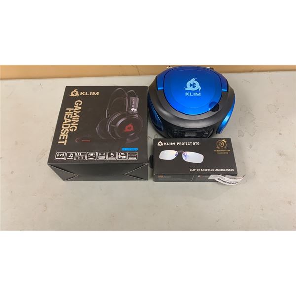 KLIM BOOMBOX, GAMING HEADSET AND CLIP ON ANTI BLUE LIGHT GLASSES