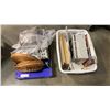 Image 1 : BOX AND BASKET OF ESTATE GOODS, WICKER TRAYS, CORNINGWARE DISH