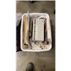 Image 2 : BOX AND BASKET OF ESTATE GOODS, WICKER TRAYS, CORNINGWARE DISH