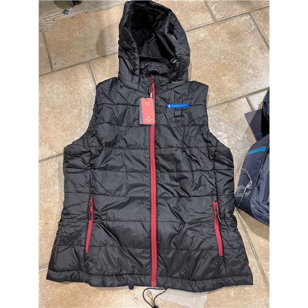 NEW LADIES SIZE MEDIUM HEATED PUFFY VEST W/ HOOD, POWER BANK, AND CHARGER IN CARRY CASE