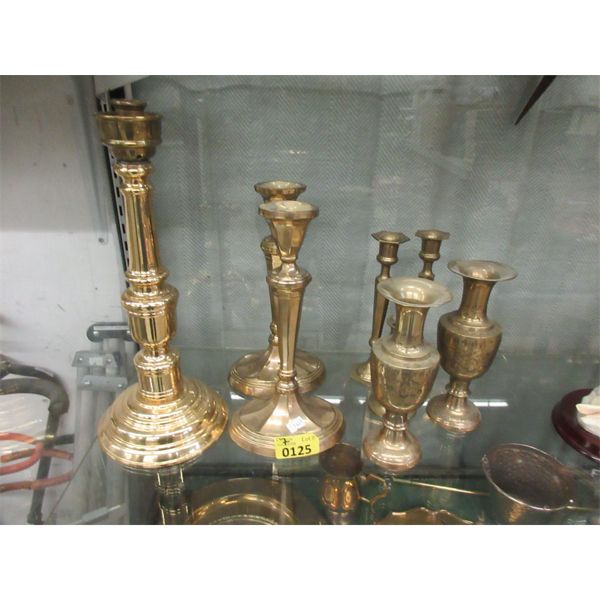 7 Piece Lot of Brass Candle Sticks and Vases