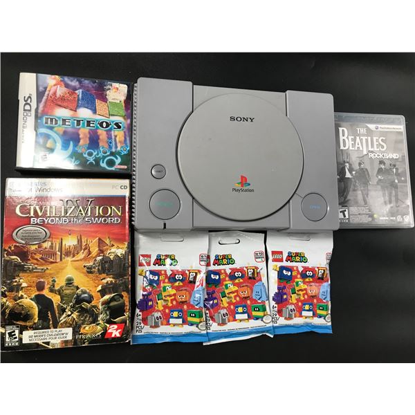 SONY PLAYSTATION 1 WITH GAMES AND LEGO FIGURES
