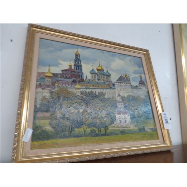 Framed Oil On Board Russian Town Scene - 23" x 19"