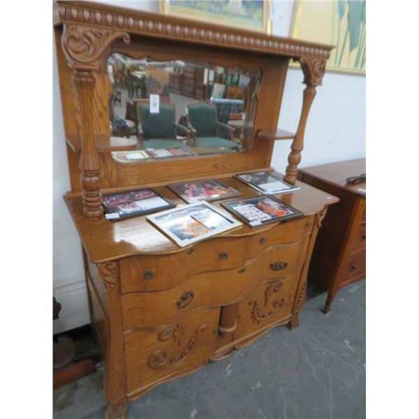 Tiger Oak Carved Mirrored 3 Over 2 Cabinet