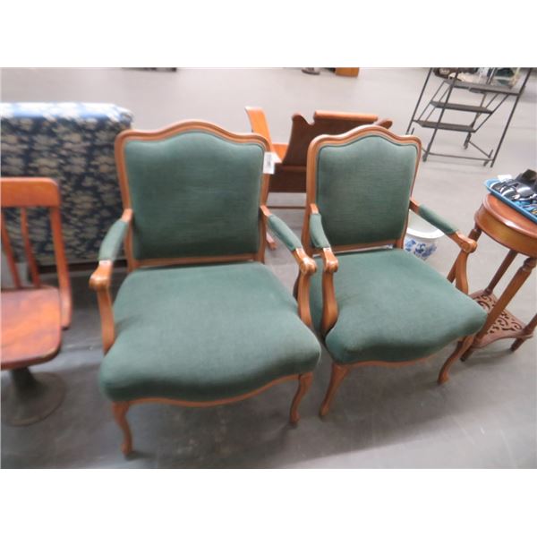 2-Carved Wood Green Fabric Armchair - 2 X $