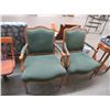 Image 1 : 2-Carved Wood Green Fabric Armchair - 2 X $