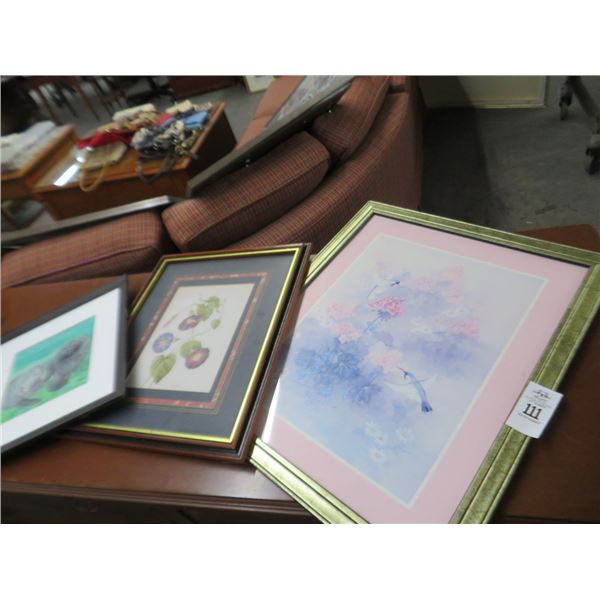 Framed Hummingbird, Flower & Manatee Prints (3)