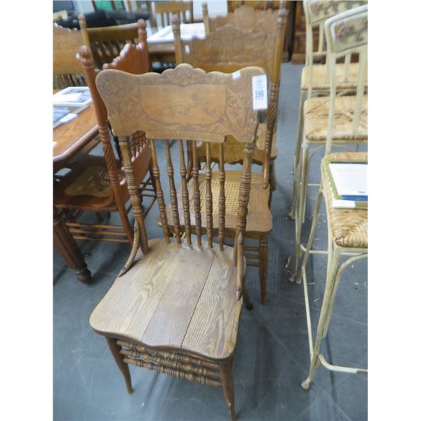 3-Carved Oak Etched Spindleback Chairs - 3 X $