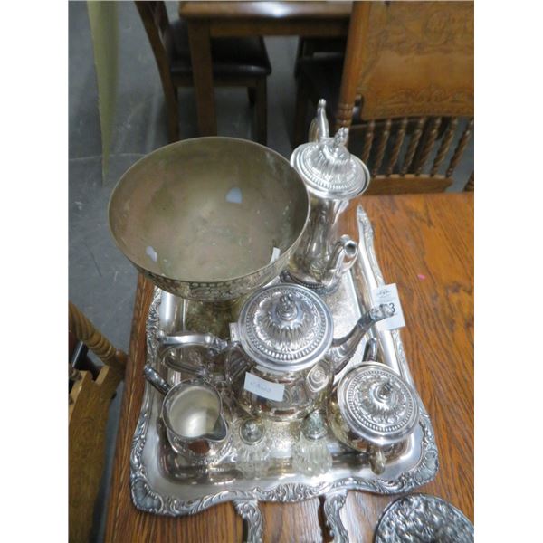 Silverplate Platter, Teapots, Creamer, Salt & Pepper Shakers