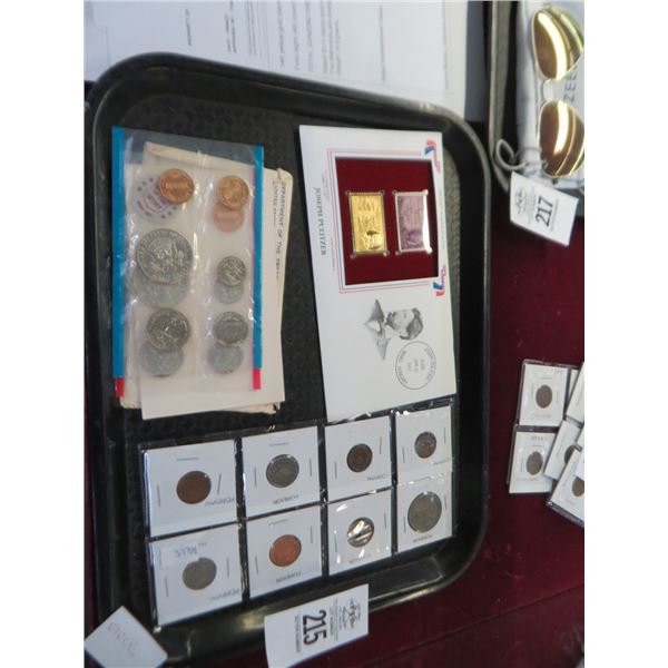 Foreign Coins (8), Proof Set (2) and 22K Gold Replica Stamp