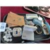 Image 1 : Vtg. Leather Post Cards, Popeye Bank, Pocket Watches, 1 Cent Stamps, Silver Earrings