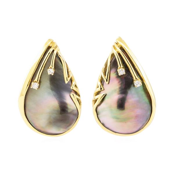 0.10 ctw Diamond and Black Mother of Pearl Teardrop Earrings - 14KT Yellow Gold