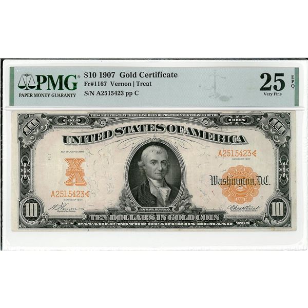 1907 $10 Gold Certificate Bank Note PMG 25 Very Fine EPQ