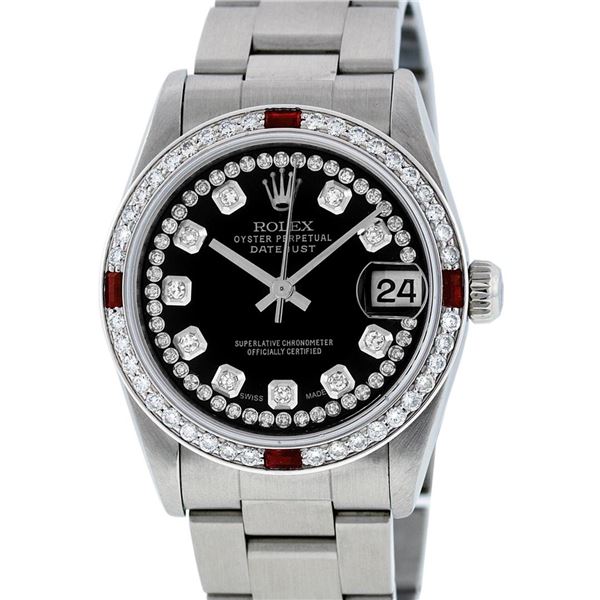 Rolex Womens Midsize 31mm Black String Diamond & Ruby Datejust Wristwatch