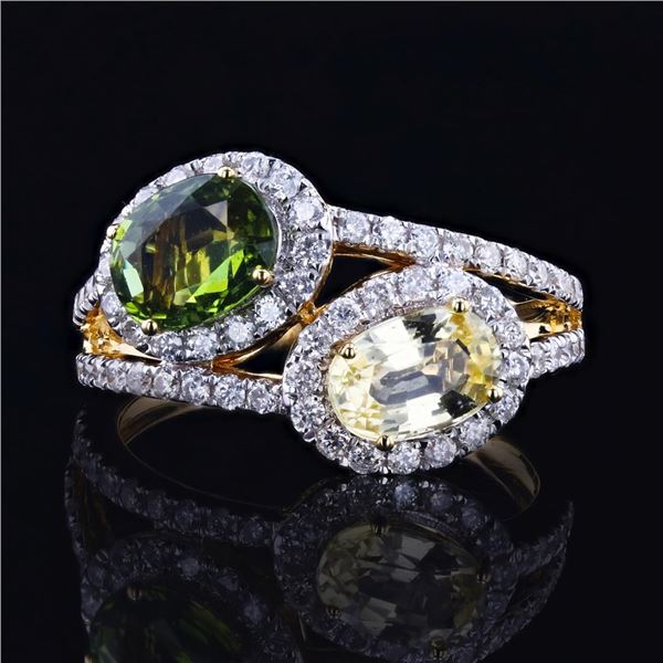 2.22 ctw Multicolor Sapphires and 0.61 ctw DIamond 18K Yellow Gold Ring