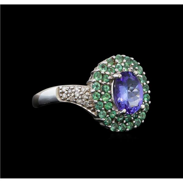 14KT White Gold 1.53 ctw Tanzanite, Emerald and Diamond Ring