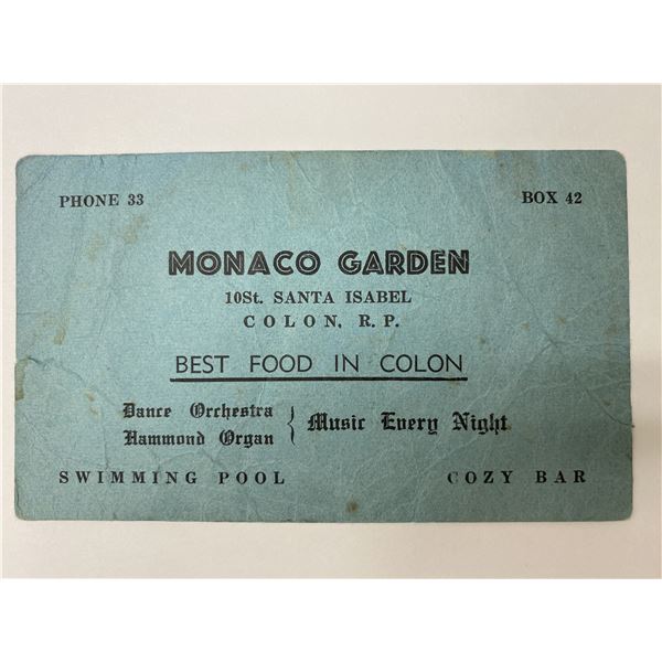 Benny Goodman and Gene Krupa signed Monaco Garden hotel card