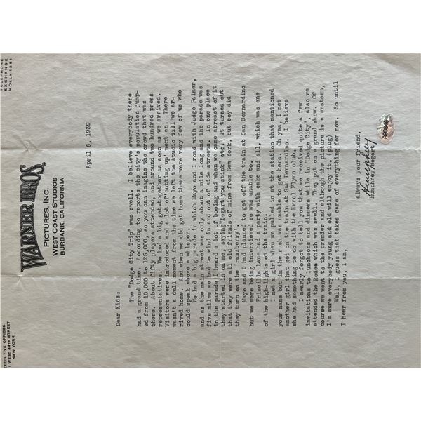 Warner Brothers Humphrey Bogart signed letter. ACE authenticated