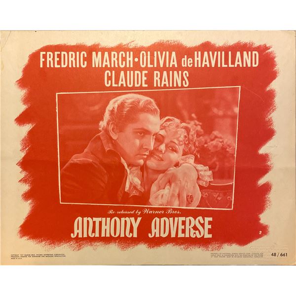 Fredric March, Olivia de Havilland, and Claude Rains "Anthony Adverse" original lobby card