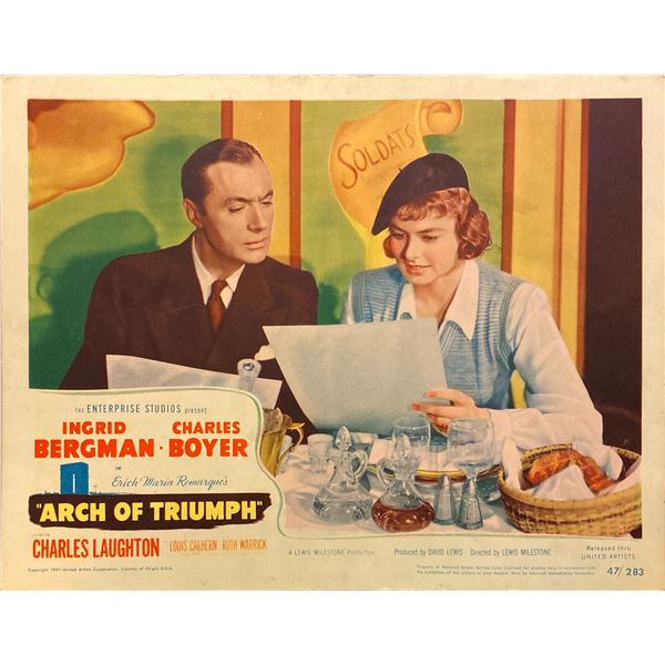 Ingrid Bergman, Charles Boyer, and Charles Laughton "Arch of Triumph" original Lobby Card