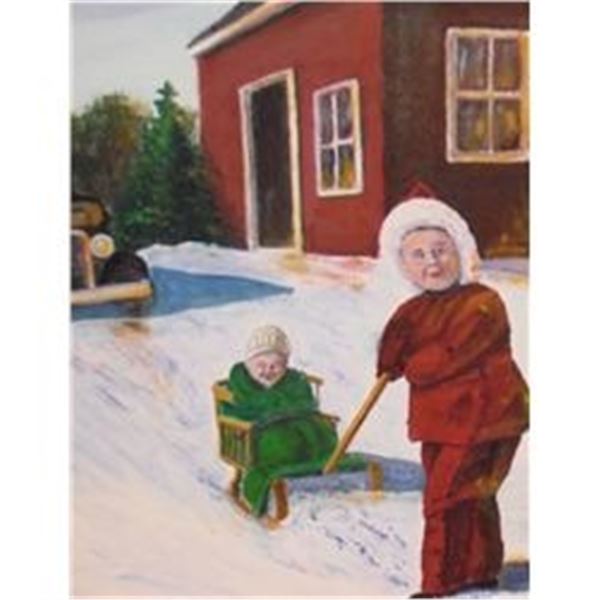 tiré par son frère peinture originale par Robert A. Langdon Folklore original painting on canvas