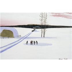 Allen Sapp Canadian RCA [b. 1929]PLAYING HOCKEY, EARLY EVENINGacrylic on canvas24 x 36 in. (61 x 91.